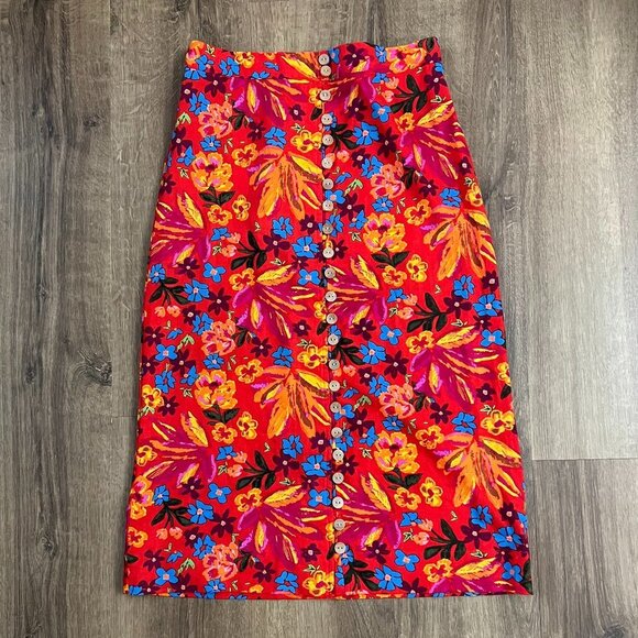 Maison d’ Amelie Floral Red Button Down Midi Skirt Sz XS - Picture 1 of 11
